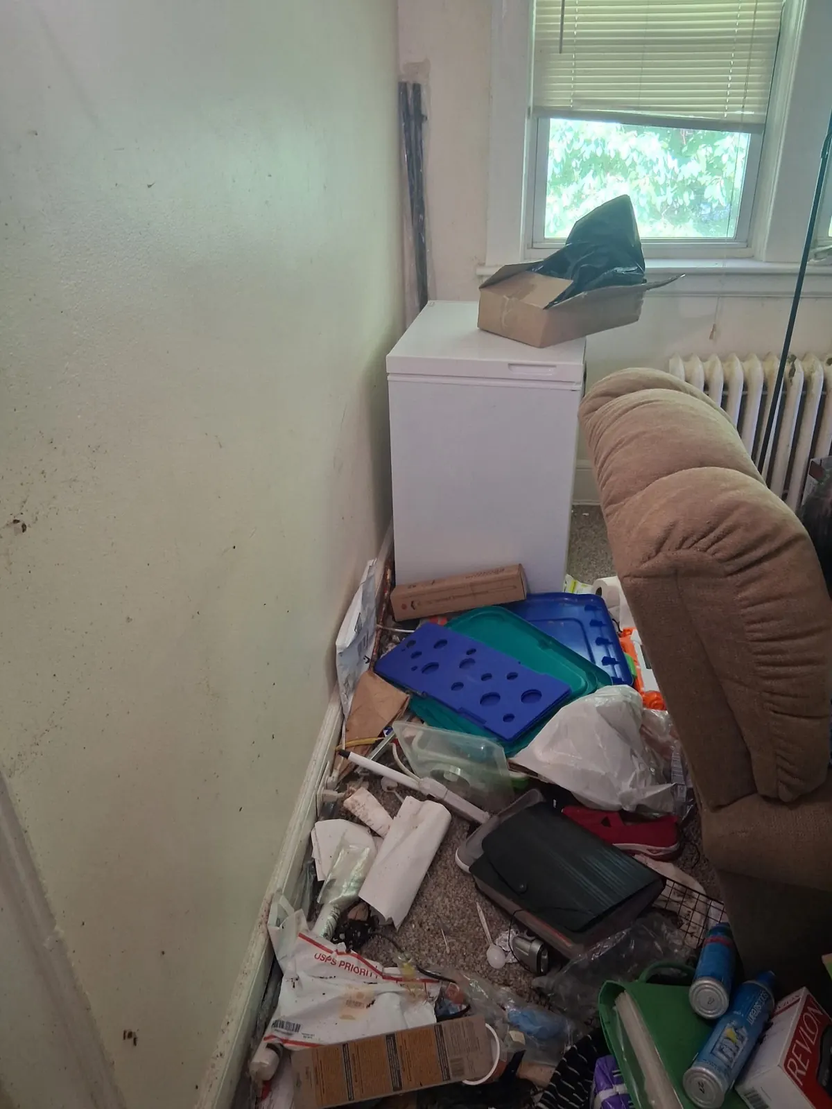 Apartment room with a freezer, recliner and clutter on the floor before a cleanout